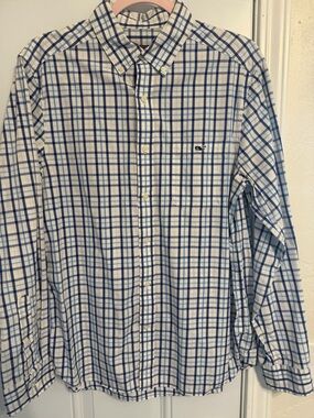 Vineyard Vines White, Blue & Navy Plaid Button-Down Shirt